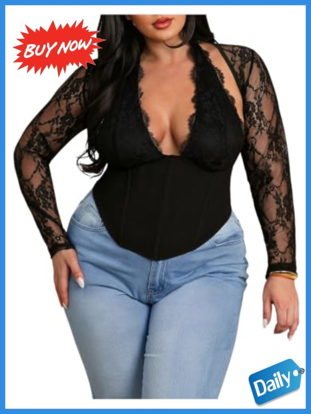 Plus Size Backless Lace Halter Corset Top Long Sleeve Slim Fit Going Out